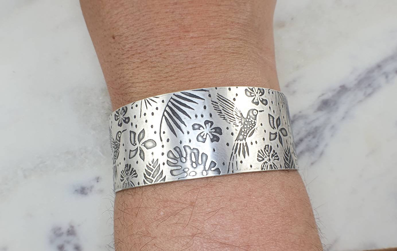 Hummingbird and Monstera Leaf Silver Cuff
