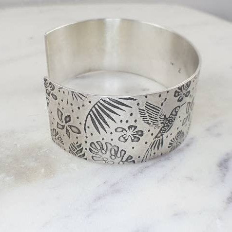 Hummingbird and Monstera Leaf Silver Cuff
