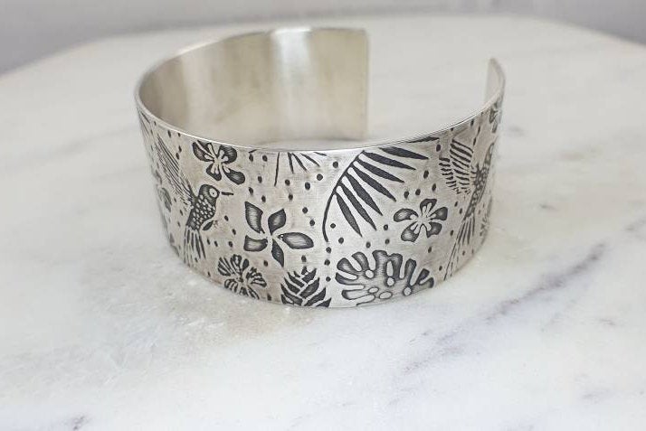 Hummingbird and Monstera Leaf Silver Cuff