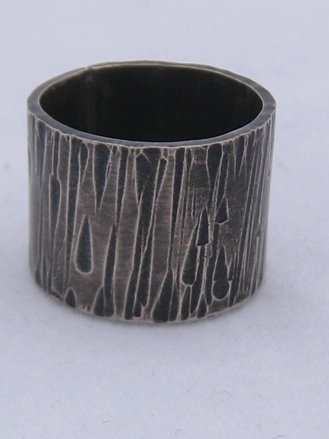 Blackened Silver Bark Wide Ring
