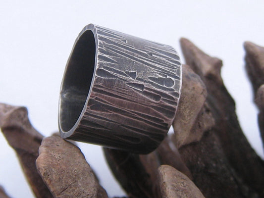 Blackened Silver Bark Wide Ring