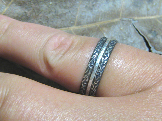 Oxidised Posey and Hammered Stacker rings