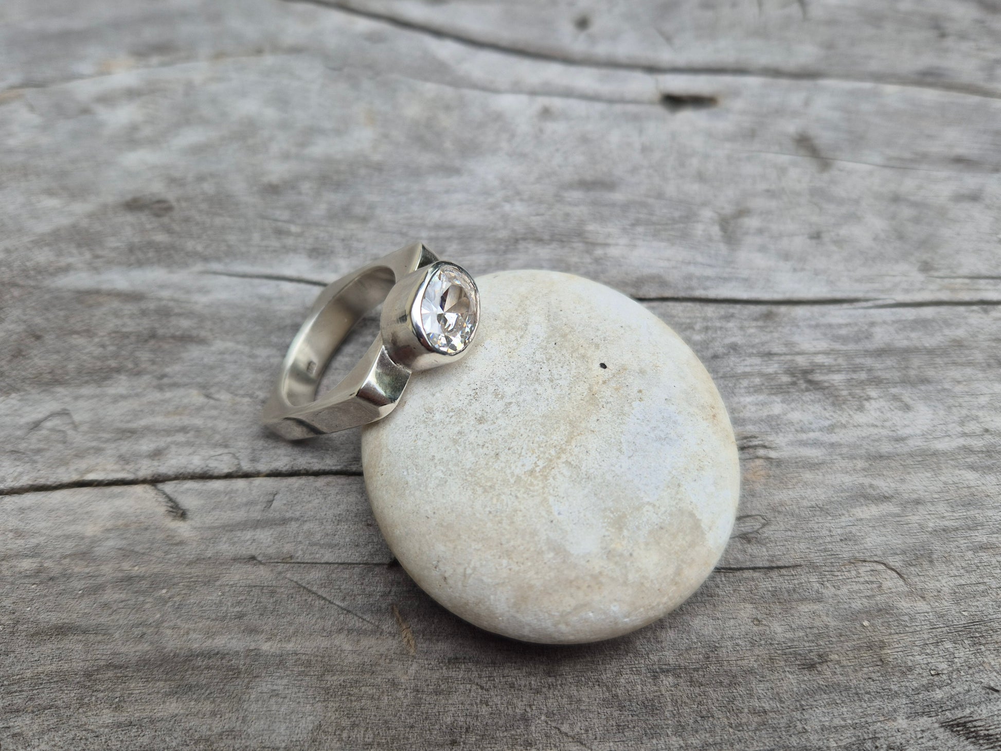 Cubic zirconia ring angled to show band shape