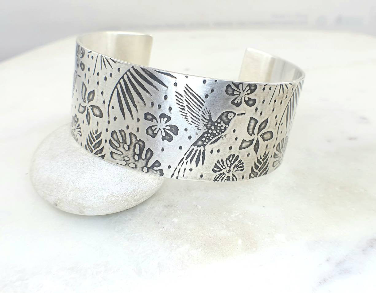 Hummingbird and Monstera Leaf Silver Cuff