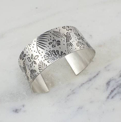 Hummingbird and Monstera Leaf Silver Cuff